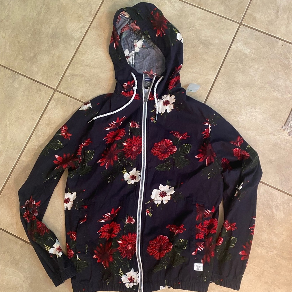 Women’s Denim & Flower Floral navy windbreaker rain jacket size small with Hood